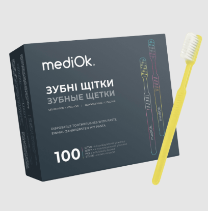  Зображення Одноразова зубна щітка з пастою MediOk (жовта) 